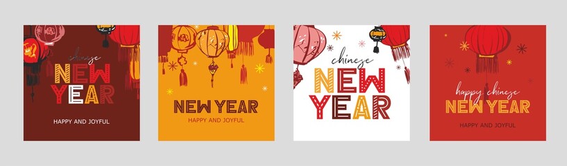 Happy chinese New Year Set of backgrounds, invitations, greeting cards, posters, holiday covers. Design templates with typography, traditional lanterns for social media, print. Vector illustration.