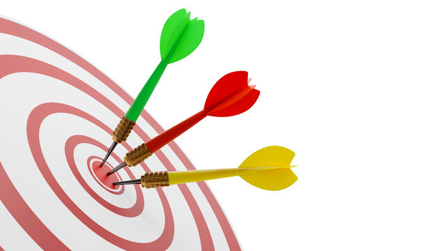 Close-Up of a Bull's Eye On a Wall with three Darts in the target on a white background. 3d illustration