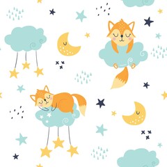 Seamless childish pattern with sleeping foxes, clouds, rainbow, jar with stars and constellations. Creative kids texture for fabric, wrapping, textile, wallpaper, apparel. Vector illustration