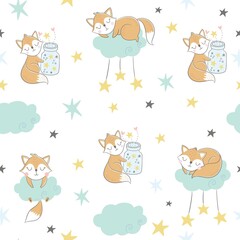 Seamless childish pattern with sleeping foxes, clouds, rainbow, jar with stars and constellations. Creative kids texture for fabric, wrapping, textile, wallpaper, apparel. Vector illustration