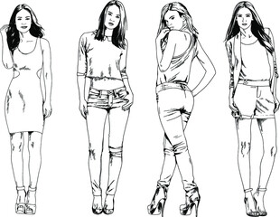 vector drawings on the theme of beautiful slim sporty girl in casual clothes in various poses painted ink hand sketch with no background