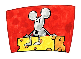 mouse on cheese, watercolor cartoon