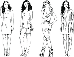 vector drawings on the theme of beautiful slim sporty girl in casual clothes in various poses painted ink hand sketch with no background