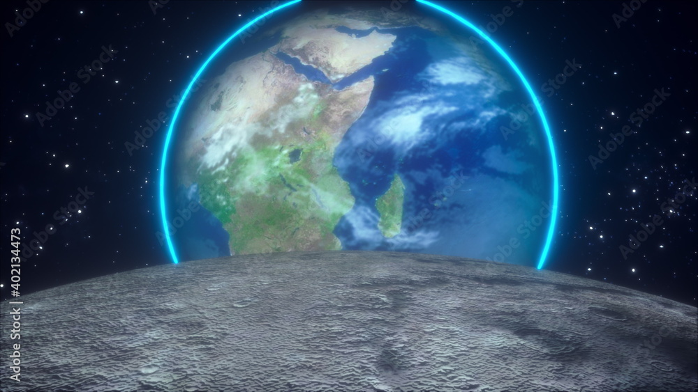 Poster the surface of the moon overlooking the earth planet against the backdrop of stars. computer generat