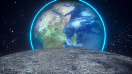 The surface of the moon overlooking the Earth planet against the backdrop of stars. Computer generated cosmic composition. 3D rendering elements of this image furnished by NASA