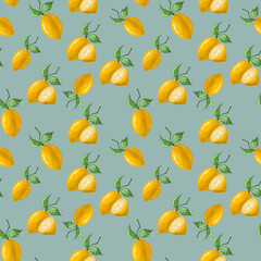 Seamless pattern, lemon with green leaves on a branch on a white background.