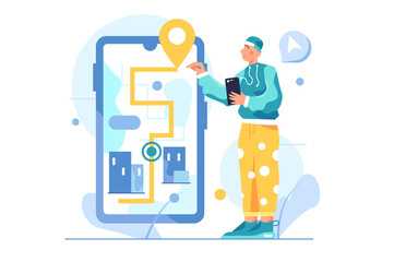 Guy moves navigating on a big virtual phone, path and pin, phone in hand isolated on white background flat vector illustration