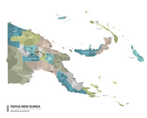 Papua New Guinea higt detailed map with subdivisions. Administrative map of Papua New Guinea with districts and cities name, colored by states and administrative districts. Vector illustration.