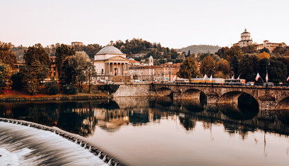 Fototapeta premium View after sunset of the river Po in the center of Turin, Italy