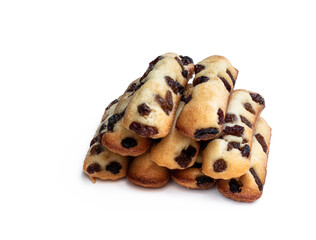 Sponge cake fingers with sultanas isolated on white