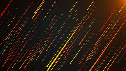 Computer generated colorful particles rain. 3d render chaotic backdrop with many random lines