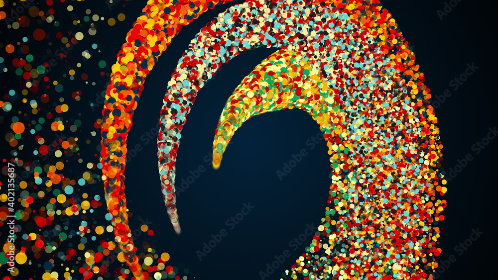 Poster merging three radial stripes of colored particles into a spiral. magical festive effect with bokeh a