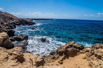 Blue waters of Cape Greco, Famagusta Bay, Cyprus. Photographed in September 2017