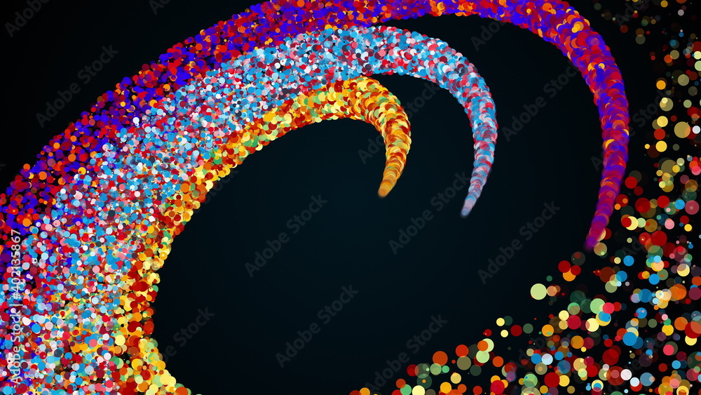 Poster merging three radial stripes of colored particles into a spiral. magical festive effect with bokeh a