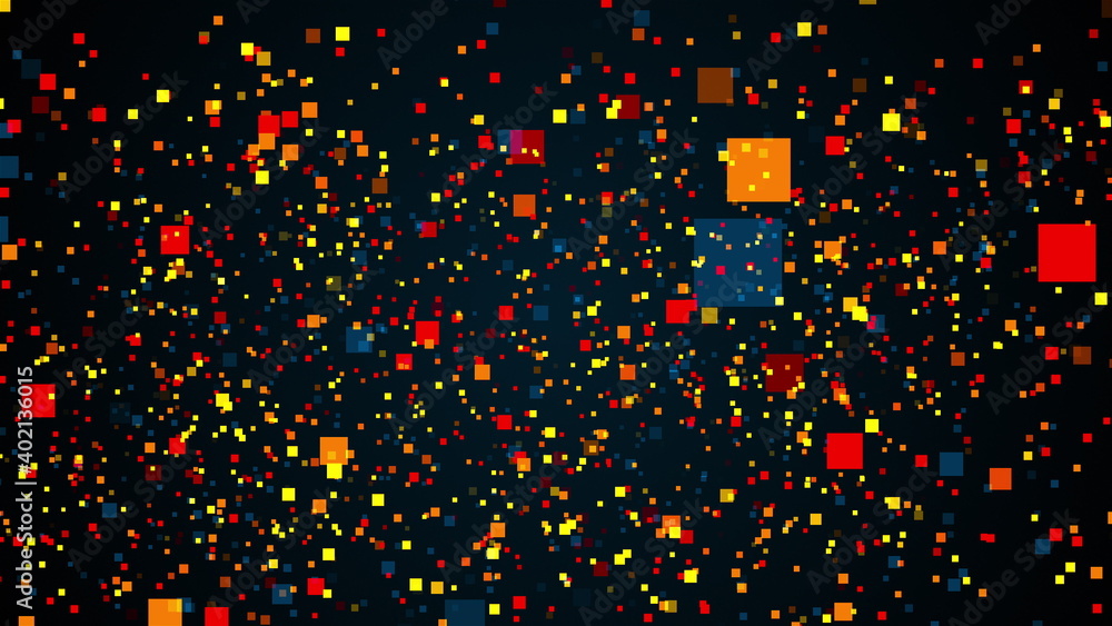 Poster space with flying colorful rectangles particles. computer generated 3d rendering abstract backdrop