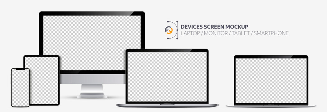 Realistic devices screen mockup. Smartphone, tablet, laptop and display monitor, Silver color with blank screen for you design.  Isolated on transparent background. Vector illustration EPS10