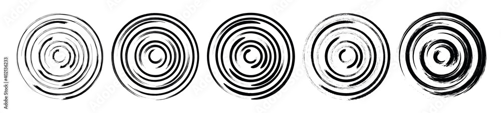 Poster set abstract spiral circle geometric shape. grunge swirl concentric round background. vortex pattern