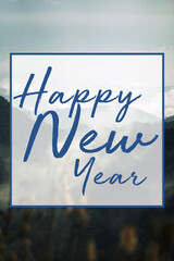 Blue word Happy New Year lettering with landscape view background. Greeting card design template