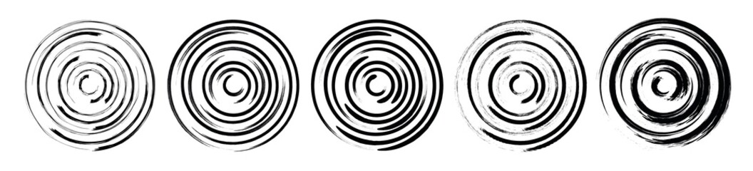 Set abstract spiral circle geometric shape. Grunge swirl concentric round background. Vortex pattern. Flat brush line design element. Vector illustration.