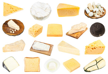 various pieces of cheeses isolated on white background