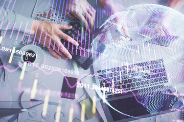 Double exposure of man and woman working together and financial chart hologram drawing. market analysis concept. Computer background. Top View.