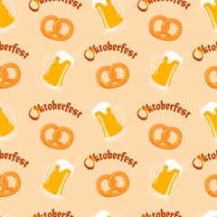  Vector seamless pattern of oktoberfest  lettering, pretzels and beer mugs