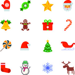 Christmas icons of gingerbread Santa hat candy reindeer sledge tree decoration snowman socks bell hand gloves chocolate stars gifts present snowflakes 