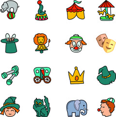 circus icons set elephant standing on ball sea lion seal holding ball tent hat with rabbit lion joker masks trolley crown witch girl and hat cat dumbbell