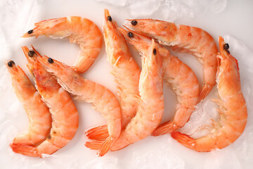 Big orange shrimps on ice white background. Flat lay.