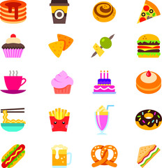 fast food icons set pancake coffee tea pizza cupcake sandwich cup ice cream birthday cake noodles french fries juice cocktail doughnut hot dog beer rum whisky bun chips sweets burger