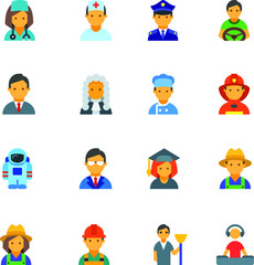 Job profile icons doctor nurse police driver businessman judge lawyer chef firefighter astronaut farmer janitor construction worker laborer Disco jockey DJ 