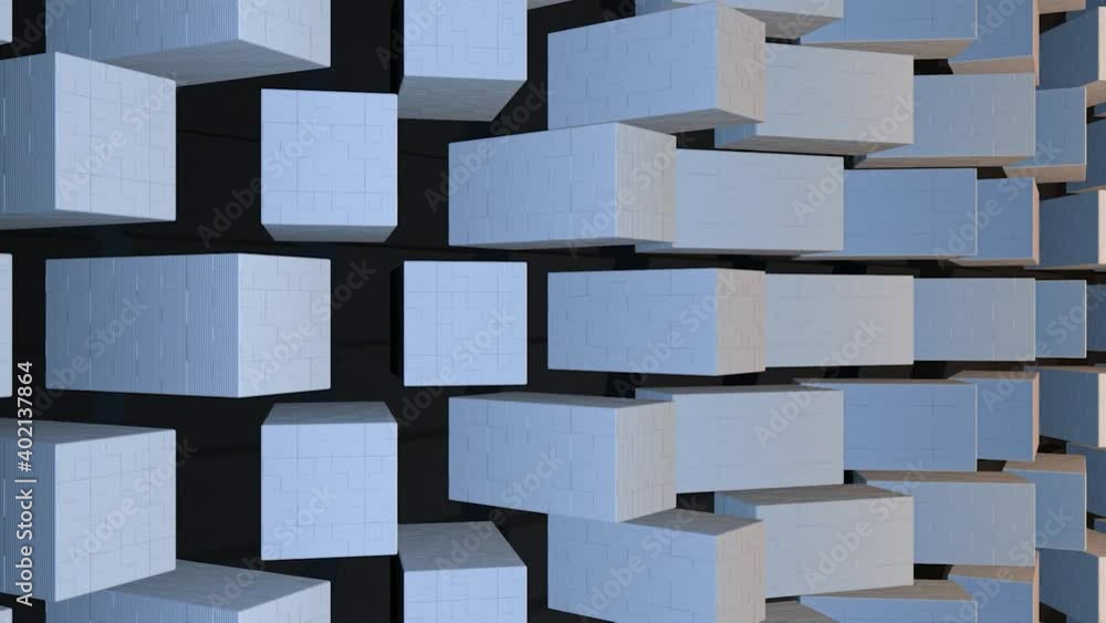 Poster abstract wall made of white blocks slowly rotating on black background, seamless loop. animation. sp
