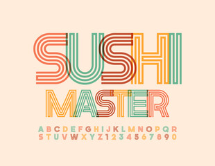 Vector creative logo Sushi Master. Artistic bright Font. Trendy Alphabet Letters and Numbers set