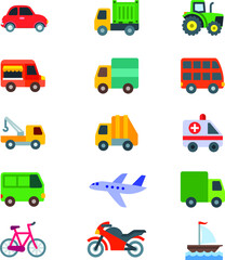 Vehicles flat icons of car truck lorry tractor food van delivery vehicle double decker bus school bus ambulance airplane cycle bike motorcycle boat trolley  cargo