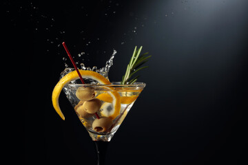 Dry martini with lemon peel and green olives on a black background.