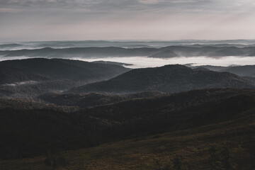 Poranna mgła unosząca się w dolinach snuje się pomiędzy górskimi szczytami, Bieszczady, Polska