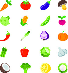 vegetables flat icon carrot, tomato, brinjal mushroom, cabbage, cauliflower green peas beans, radish, red chilly asparagus, onion, pumpkin, bell pepper, garlic, coconut, broccoli, lettuce, corn, lemon