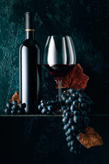 Red wine and blue grapes with dried up vine leaves on an old dark blue background.