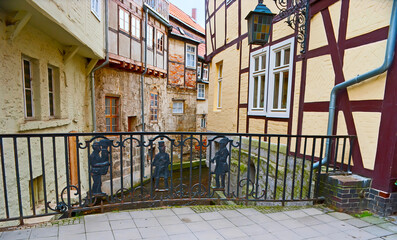 The Steinbrucke bridge across the Muhlgraben canal, Quedlinburg, Harz, Germany