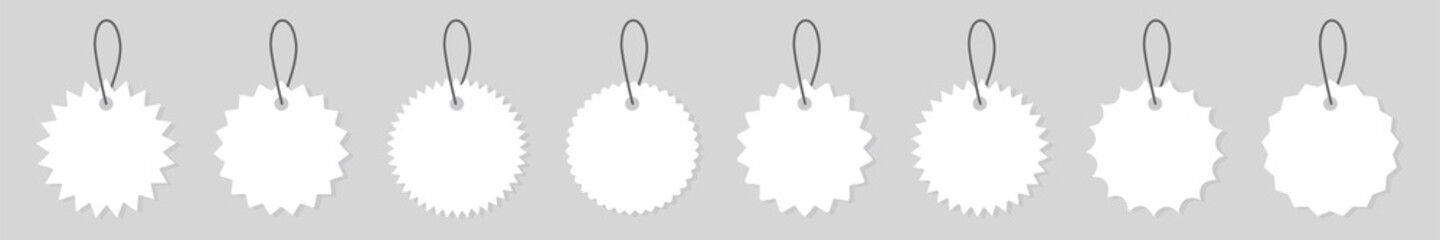 Blank paper label set. White price tag different shapes. Vector vintage label template. Banner design. 3d realistic vector mockup on white background.