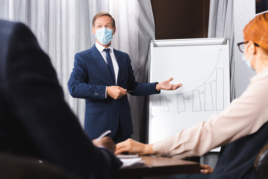 Businessman in medical mask gesturing while standing near flipchart with blurred colleagues on foreground.