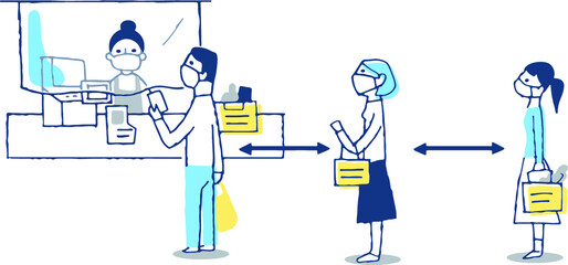 感染症予防対策　一定の距離をとってレジに並ぶ客