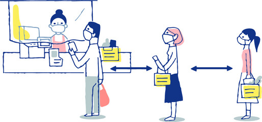 感染症予防対策　一定の距離をとってレジに並ぶ客