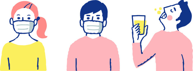 マスクをしている男女　うがいする男性