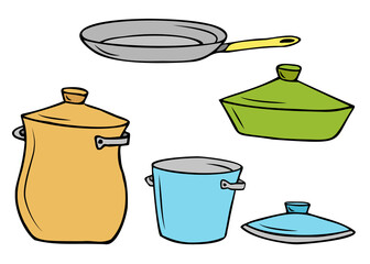 Cookware, pots and pans, baking dish with lid and separate lid Colored isolated objects with dark outline. Doodle.