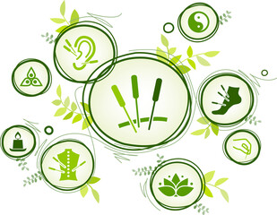 acupuncture vector illustration. Green concept with icons related to traditional Chinese medicine, acupuncture treatment, nature, healing and harmony.