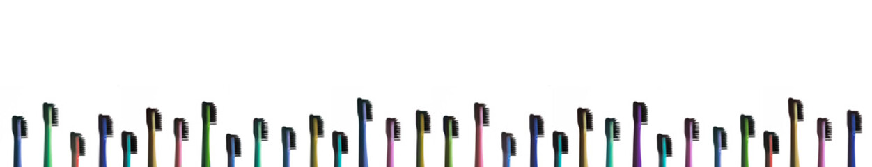 Toothbrushes on white background. long banner