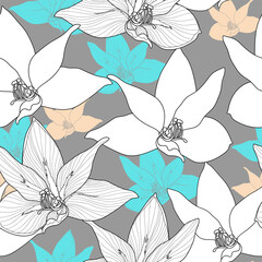 Seamless pattern with flowers. Hand drawn floral background. Artwork for textiles, fabrics, souvenirs, packaging and greeting cards.