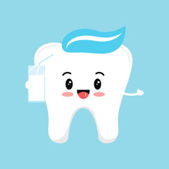 Cute tooth molar with milk. Flat design cartoon style smiling character with healthy drink vector illustration. Happy white tooth isolated on background. Children food for dental teeth health concept.
