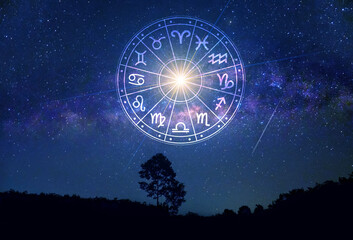 Zodiac signs inside of horoscope circle. Astrology in the sky with many stars and moons  astrology and horoscopes concept - obrazy, fototapety, plakaty